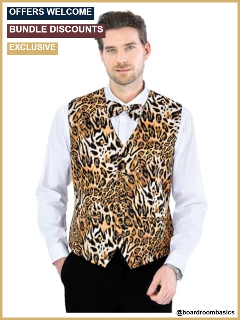 Men's Animal Print V-Neck Vest & Bow Tie 2-Piece Party Suit Set